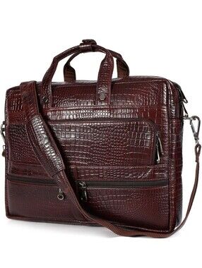 16" Crocodile Embossed Leather Laptop Briefcase, 5 Zipper Pockets, Cherry Brown